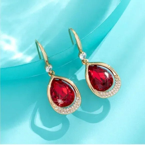 14K Yellow Gold and Ruby Red Austrian Crystal Teardrop Halo Drop Hook Earrings